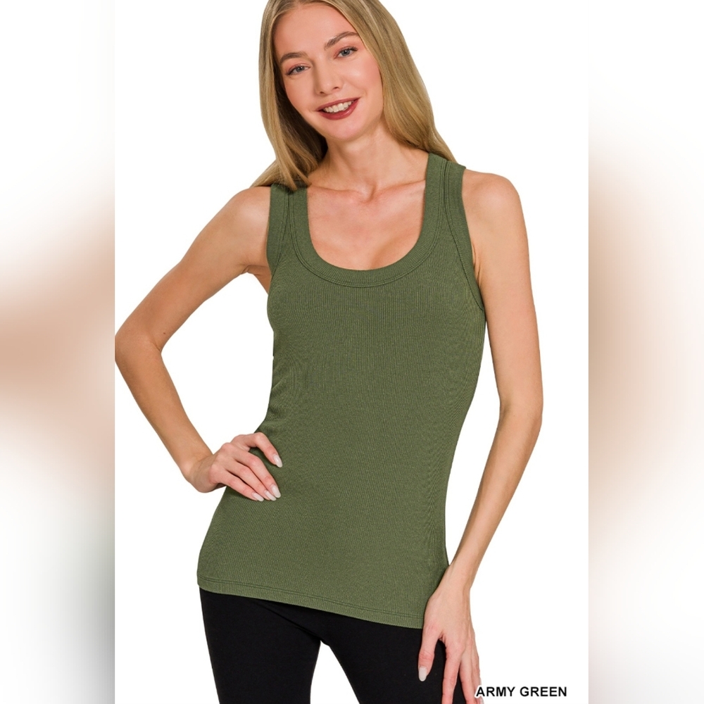 #1413 Zenana Ribbed Scoop Neck Tank Top (Army Green)